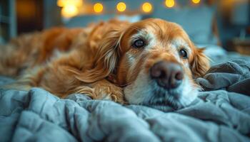 A dog is laying on a bed with its head on a pillow. The dog is looking at the camera with a sad expression photo