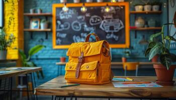 A yellow backpack sits on a wooden table in front of a chalkboard with drawings on it. The backpack is placed in front of a potted plant and a vase. The scene suggests a casual and creative atmosphere photo