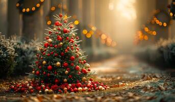 A Christmas tree with red and gold ornaments is sitting on the ground in a forest. The tree is surrounded by leaves and snow, creating a serene and peaceful atmosphere photo