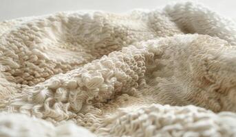A white blanket with a pattern of waves and swirls. The blanket is made of wool and has a soft texture. The pattern is intricate and detailed, giving the blanket a unique and artistic appearance photo