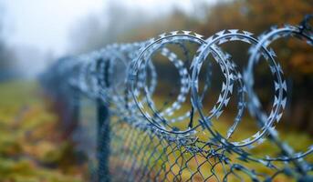 A fence with barbed wire on it. The wire is twisted and bent, and it is surrounded by a chain link fence photo