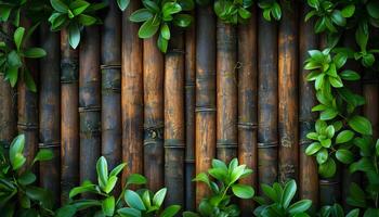 A wooden fence with green leaves growing on it. The fence is made of bamboo and has a natural, rustic feel to it. The leaves on the fence are lush and vibrant, adding a touch of greenery to the scene photo