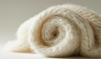 A white knitted item with a fuzzy texture. The item is rolled up and has a circular shape photo