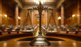 A scale with a gold chain hanging from it is on a table. The scale is in a courtroom setting photo
