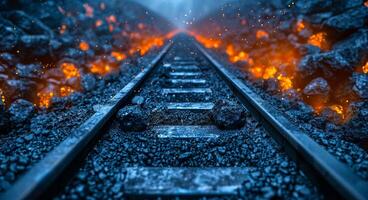 A train track with a lot of rocks and fire. The train is not visible. Scene is intense and dramatic photo