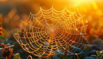 A spider web is shown in a field with a bright orange sun in the background. The web is very intricate and has a lot of detail, making it look like a work of art photo