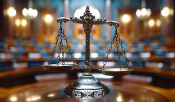 A scale is on a table in a courtroom. The scale is balanced, and the room is lit with bright lights photo