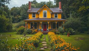 A yellow house with a red door sits in front of a garden of flowers. The house is surrounded by a path of flowers, and there are several potted plants in the yard. Scene is peaceful and inviting photo