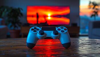 A white controller is sitting on a wooden table in front of a television. The television is displaying a sunset, creating a warm and relaxing atmosphere photo