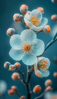 A close up of a flower with a blue background. The flower is surrounded by orange and white flowers. The image has a serene and calming mood photo