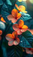 A close up of a flower with water droplets on it. The flower is orange and surrounded by green leaves. Concept of freshness and beauty, as the water droplets add a touch of life to the flower photo