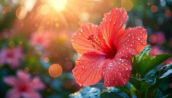 A red flower with dew drops on it. The flower is surrounded by green leaves. The image has a bright and cheerful mood photo