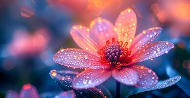 A beautiful flower with a droplet of water on it. The flower is pink and has a red center. The image has a calming and serene mood photo