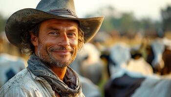 A man in a cowboy hat is smiling at the camera. He is surrounded by cows, some of which are black and white photo