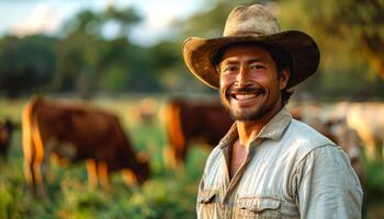 A man wearing a cowboy hat and a white shirt is smiling in front of a herd of cows photo