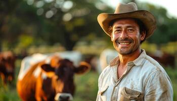 A man wearing a cowboy hat is smiling in front of a herd of cows. Concept of happiness and contentment, as the man is enjoying his time in the countryside. The cows, on the other hand photo