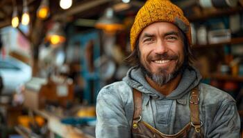 A man wearing a yellow hat and a gray hoodie is smiling. He is standing in front of a store with a car parked in the background photo