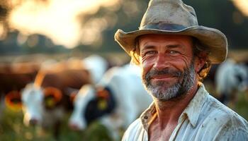 A man wearing a cowboy hat is smiling at the camera. He is surrounded by cows, some of which are black and white photo