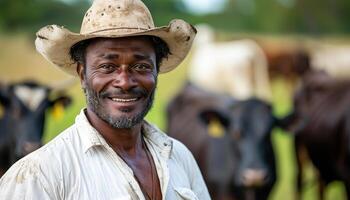 A man wearing a cowboy hat and a white shirt is smiling at the camera. He is surrounded by cows, some of which are black and some are white. The scene has a rural, country feel to it photo