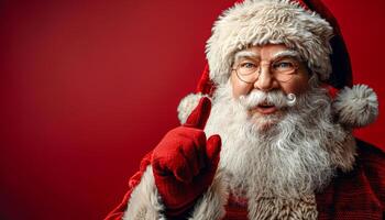 A man dressed as Santa Claus is pointing to something on a red background. He is wearing a red hat, a red vest, and a red coat photo