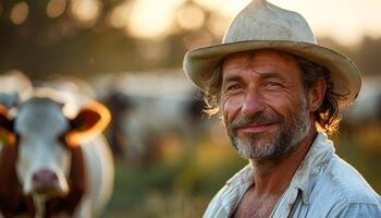 A man wearing a straw hat is smiling at the camera. He is standing in front of a cow photo
