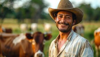 A man wearing a cowboy hat is smiling at the camera in front of a herd of cows. Concept of happiness and contentment, as the man is enjoying his time in the countryside photo