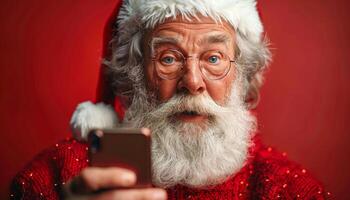 A man in a Santa hat holding a cell phone. He is looking at the camera with a surprised expression photo