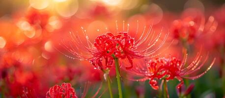 A field of red flowers with dew on them. The flowers are in full bloom and the dew adds a sense of freshness and beauty to the scene photo