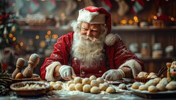 A man in a red Santa Claus outfit is making cookies in a kitchen. He is surrounded by various ingredients and utensils, including a bowl of dough and a rolling pin. The scene conveys a festive photo