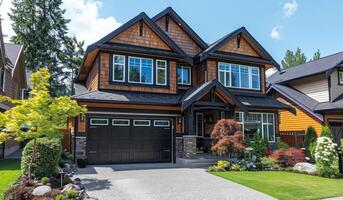 A large house with a black garage door and a white front door. The house is surrounded by a lush green lawn and a garden photo