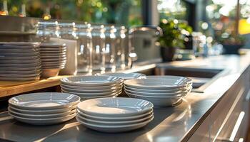 A kitchen counter with a pile of white plates and glasses. The plates are stacked in various sizes and the glasses are scattered around the counter. The scene gives off a sense of abundance photo