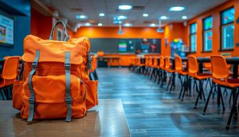 A large orange backpack sits on a table in a classroom. The room is filled with orange chairs and tables, and there are several other backpacks scattered around the room photo