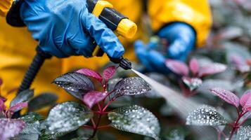 A person is spraying a plant with a hose. The person is wearing a yellow jacket and blue gloves photo