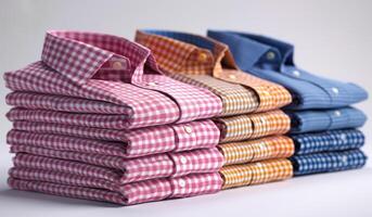 A stack of shirts with different colors and patterns. The shirts are neatly folded and stacked on top of each other. The variety of colors and patterns creates a visually appealing and diverse display photo