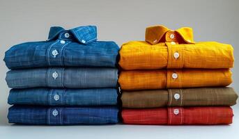A stack of shirts with one being blue and the other being yellow. The shirts are piled on top of each other photo