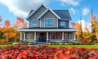 A large house with a porch and a garden in front of it. The house is surrounded by red flowers, giving it a warm and inviting atmosphere photo