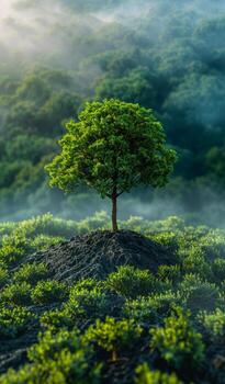 A small tree is growing on a hillside in a lush green forest. The tree is surrounded by a lot of greenery, and the sky is cloudy. Concept of tranquility and serenity photo