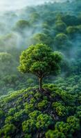 A small tree is growing on a hillside in a lush green forest. The tree is surrounded by a variety of other trees and plants, creating a serene and peaceful atmosphere photo