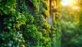 A lush green hedge with many plants growing on it. The plants are in pots and are arranged in a way that they look like they are growing out of the fence. The sunlight is shining on the plants photo