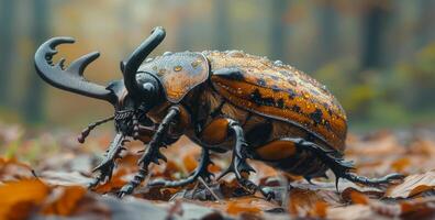 A large brown and black beetle is standing on a leaf. The beetle has a shiny, wet appearance photo