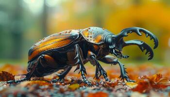 A large beetle with a shiny, metallic appearance is standing on a pile of leaves. The beetle's shiny appearance and the autumn leaves create a sense of contrast and intrigue photo