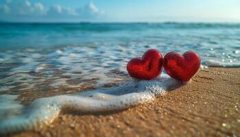 Two hearts are on the beach, one on the left and one on the right. The beach is calm and peaceful, with the ocean in the background. The hearts are red and sparkly photo
