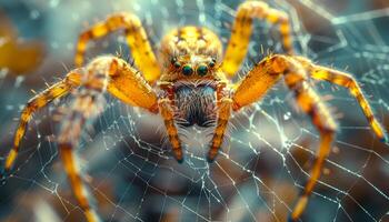 A spider is on a web and is looking at the camera. The spider is yellow and brown photo