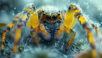 A spider with yellow and black legs is standing in a puddle of water. The spider is looking at the camera photo