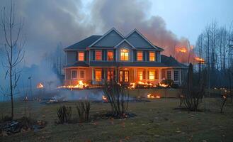 A house is on fire and the flames are reaching the windows. The house is surrounded by trees and bushes photo