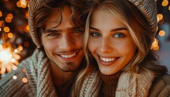 A man and a woman are smiling at the camera, wearing hats and scarves. Scene is warm and cozy, as the couple appears to be enjoying a winter day together photo