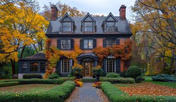 A large brick house with a black roof and a black front door. The house is surrounded by a garden with a path leading to it. The leaves on the trees are changing colors, giving the scene a warm photo