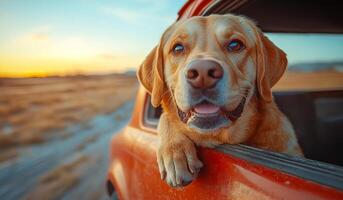 A dog is sitting in the back of a car with its head out the window. The dog is smiling and he is enjoying the ride photo