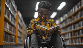 A young boy in a wheelchair is reading a book in a library. He is smiling and he is enjoying himself photo