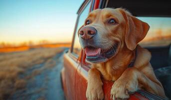A dog is sitting in a car window, looking out at the world. The scene is peaceful and serene, with the dog enjoying the view and the company of its owner photo